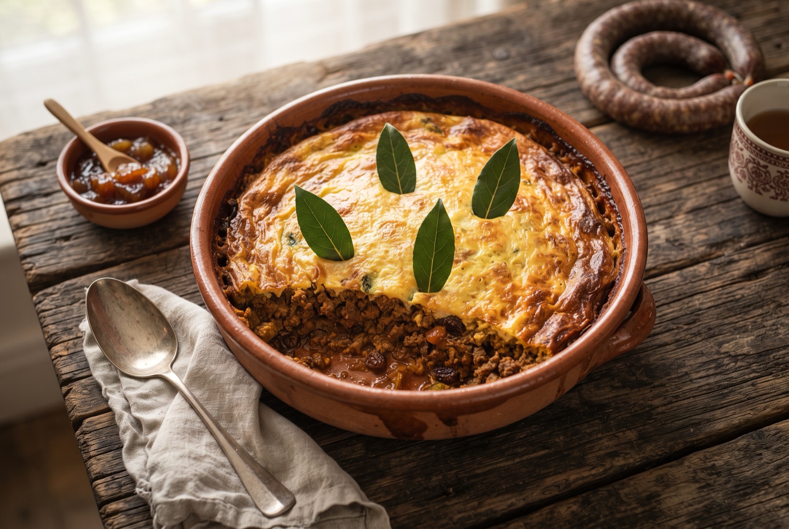 Baked bobotie in a white dish, golden egg custard top with bay leaves standing upright, one square lifted out