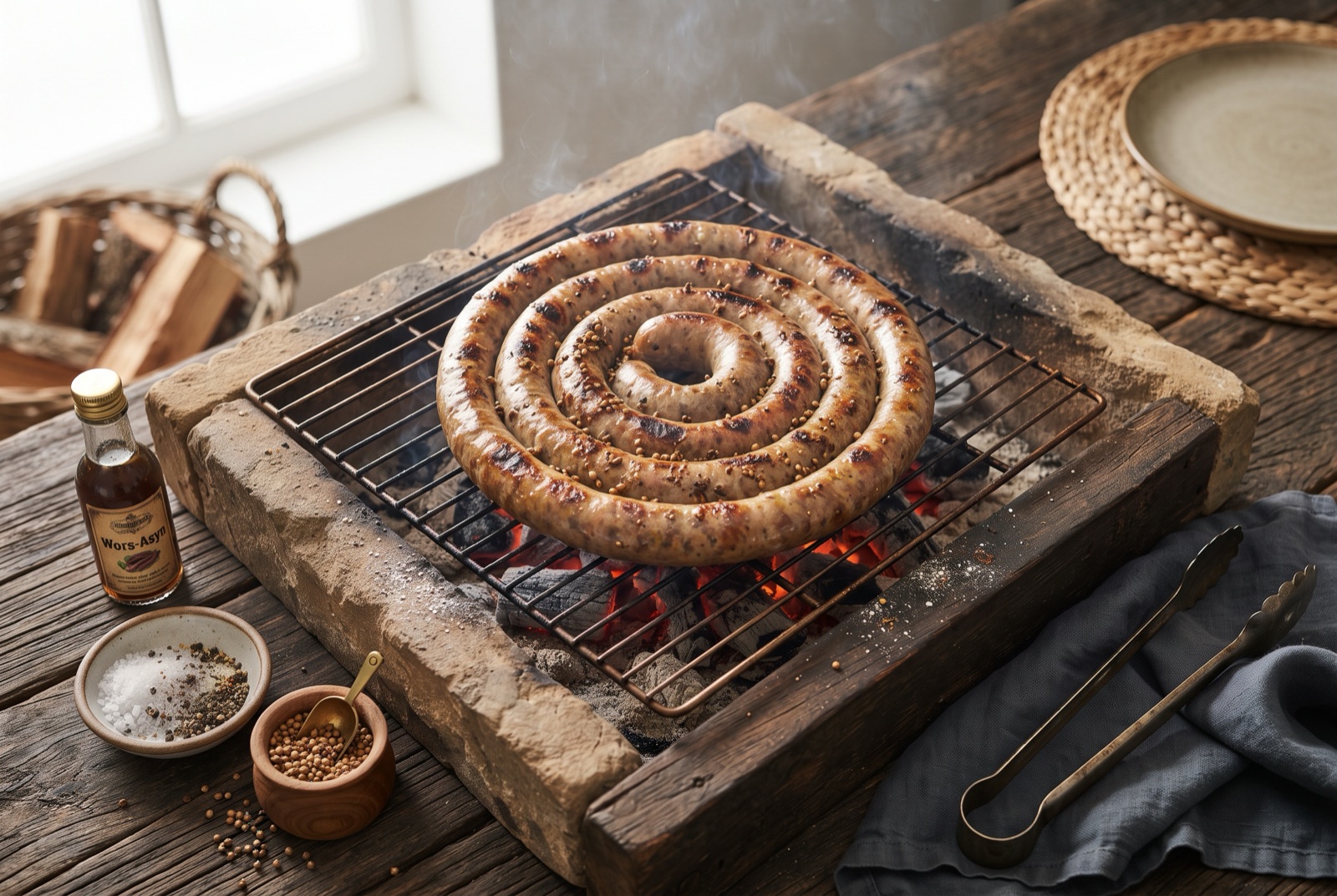 Thick coiled boerewors sausage browning on a braai grid over glowing coals, skewers holding the spiral together