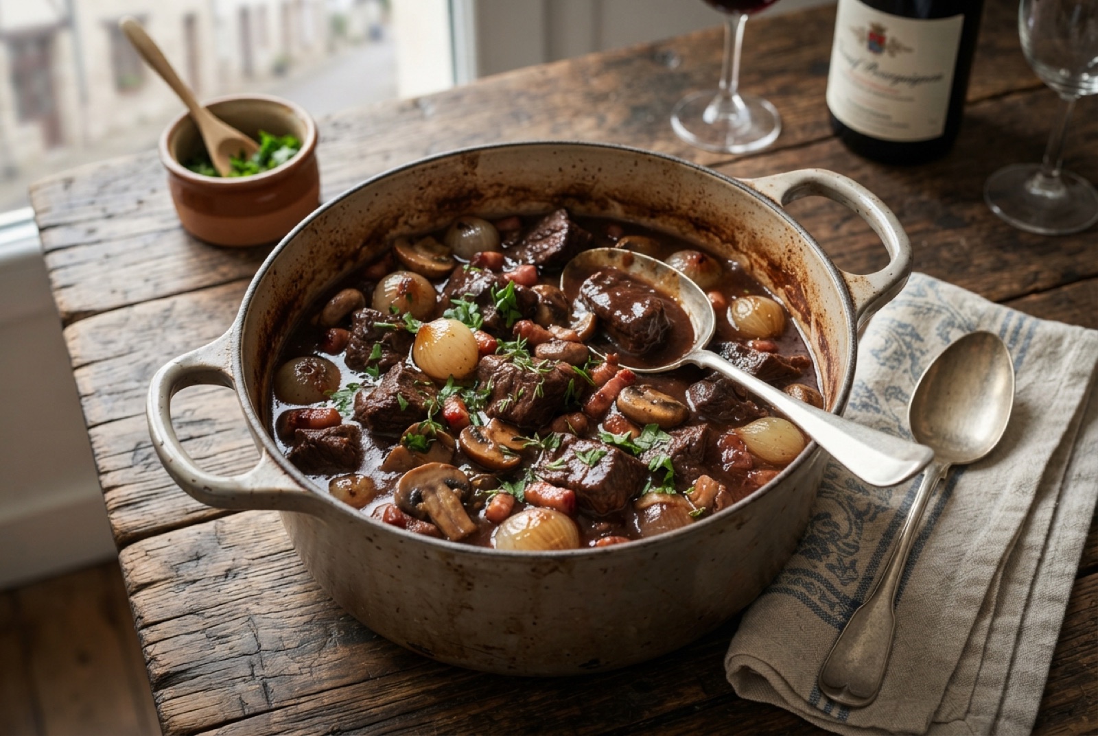 Cast-iron pot of beef bourguignon with dark glossy wine sauce, glazed pearl onions and browned mushrooms