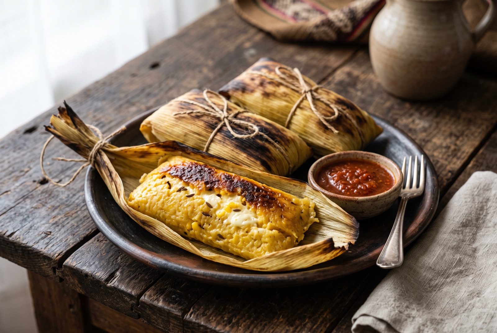 Baked Bolivian humintas in charred corn husks, one opened to show the moist corn and melted cheese inside