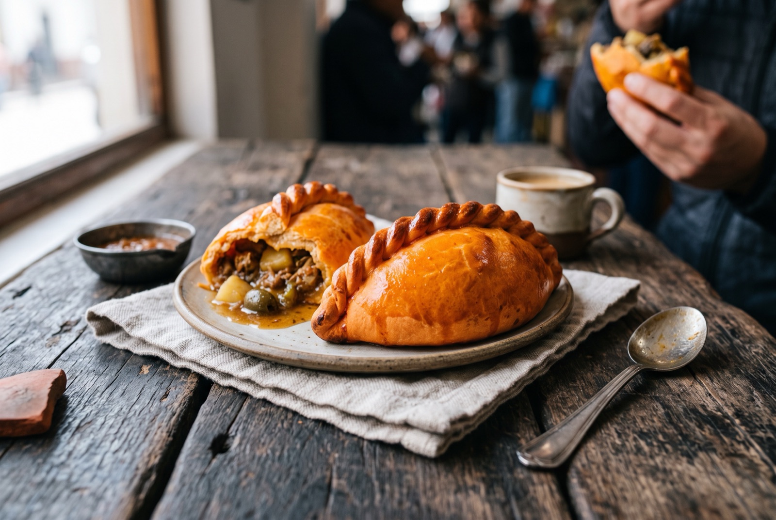Golden baked Bolivian salteñas with braided top seams, one bitten open to show the beef and potato broth inside
