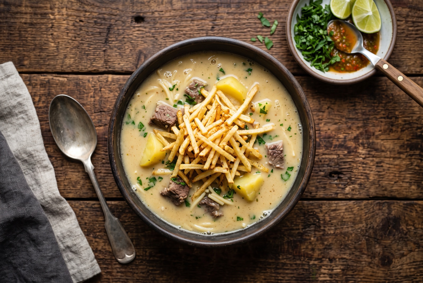 Bowl of Bolivian peanut soup with beef, potato and noodles under a pile of crisp fried potato matchsticks and parsley
