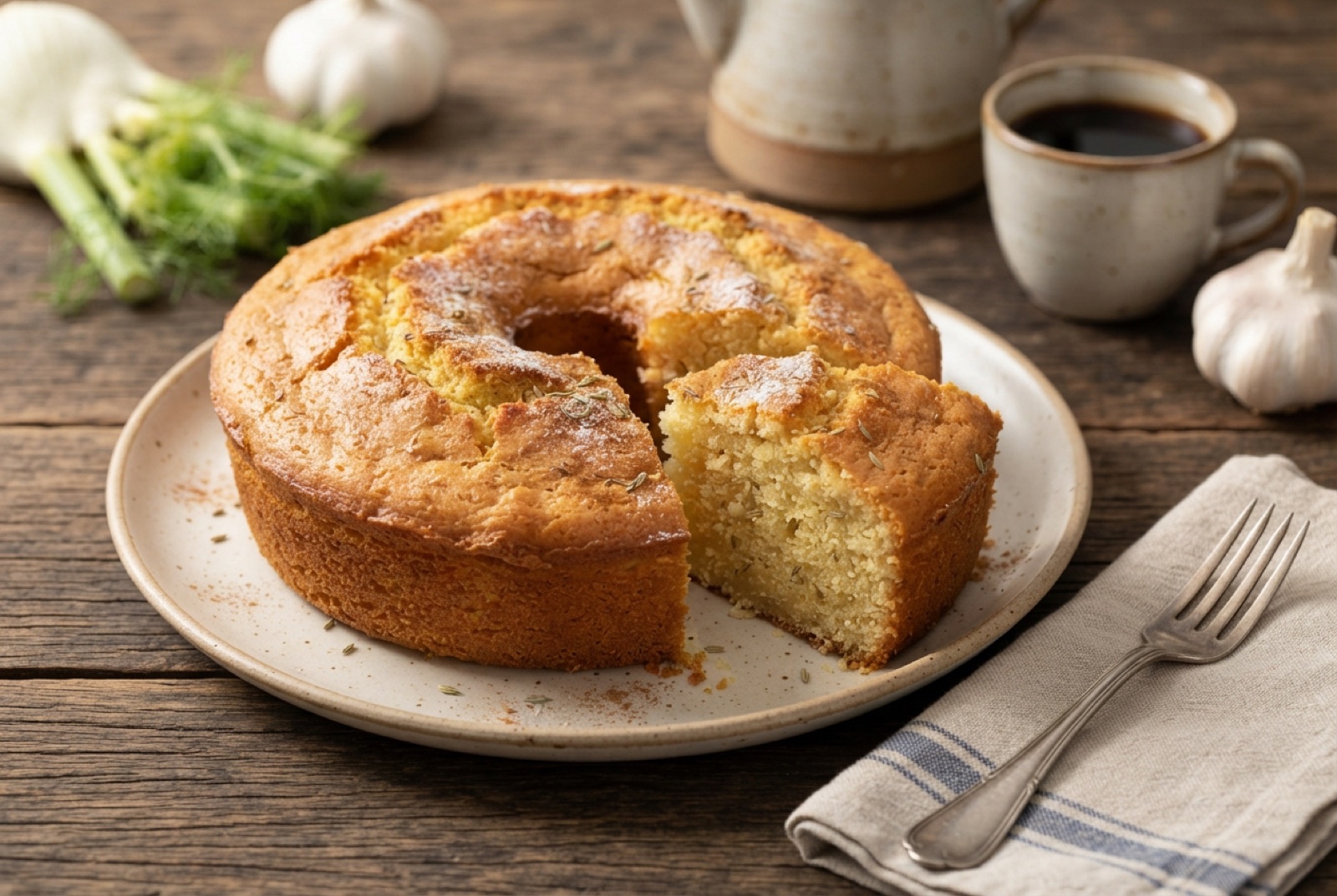 Golden ring-shaped Brazilian cornmeal cake with a cracked crust, one thick wedge cut and served beside coffee
