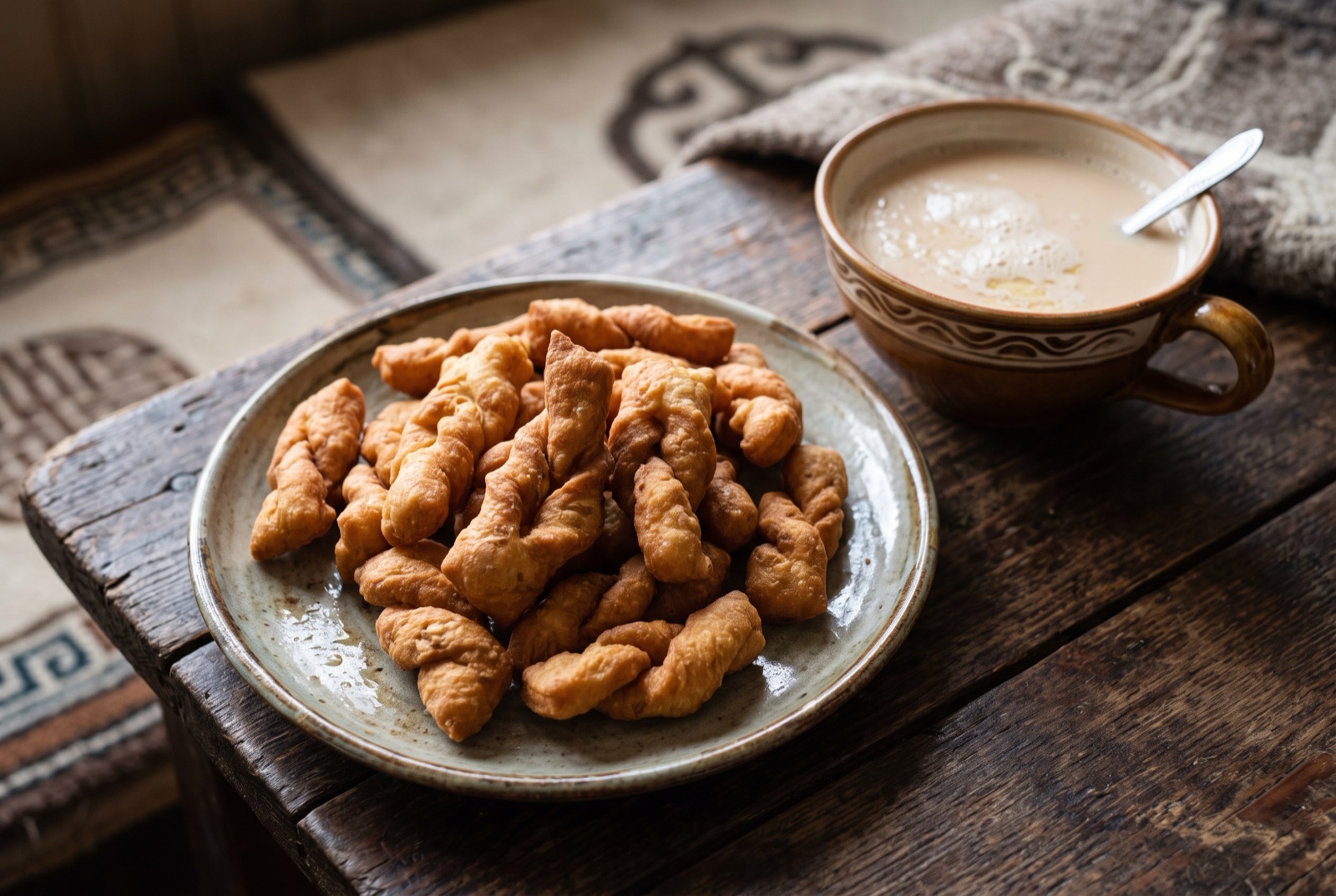 Pile of golden Mongolian boortsog fried dough biscuits in fingers and twisted knots beside a bowl of milk tea