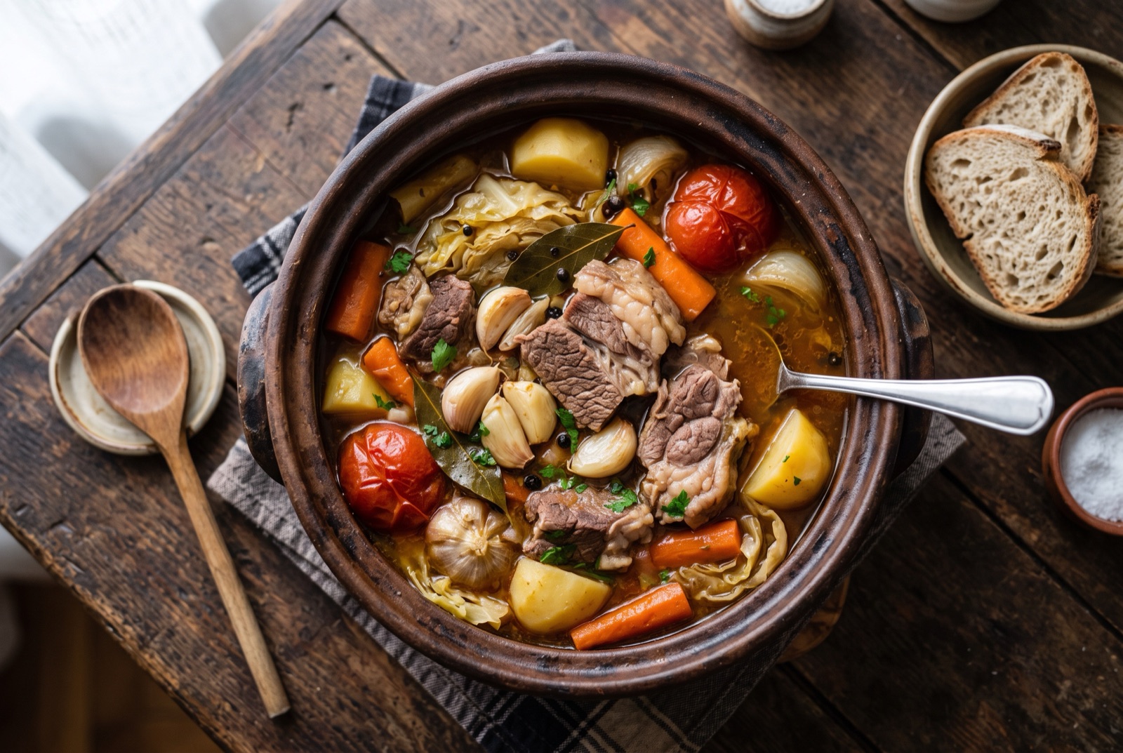 Tall earthenware pot of bosanski lonac with visible layers of beef, cabbage wedges, potato and carrot in dark broth