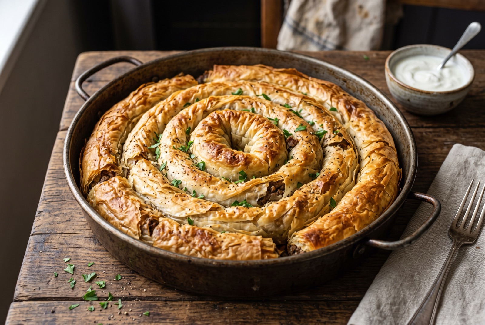 Round pan of coiled Bosnian burek with crisp browned pastry ridges, one wedge cut to show the minced beef filling