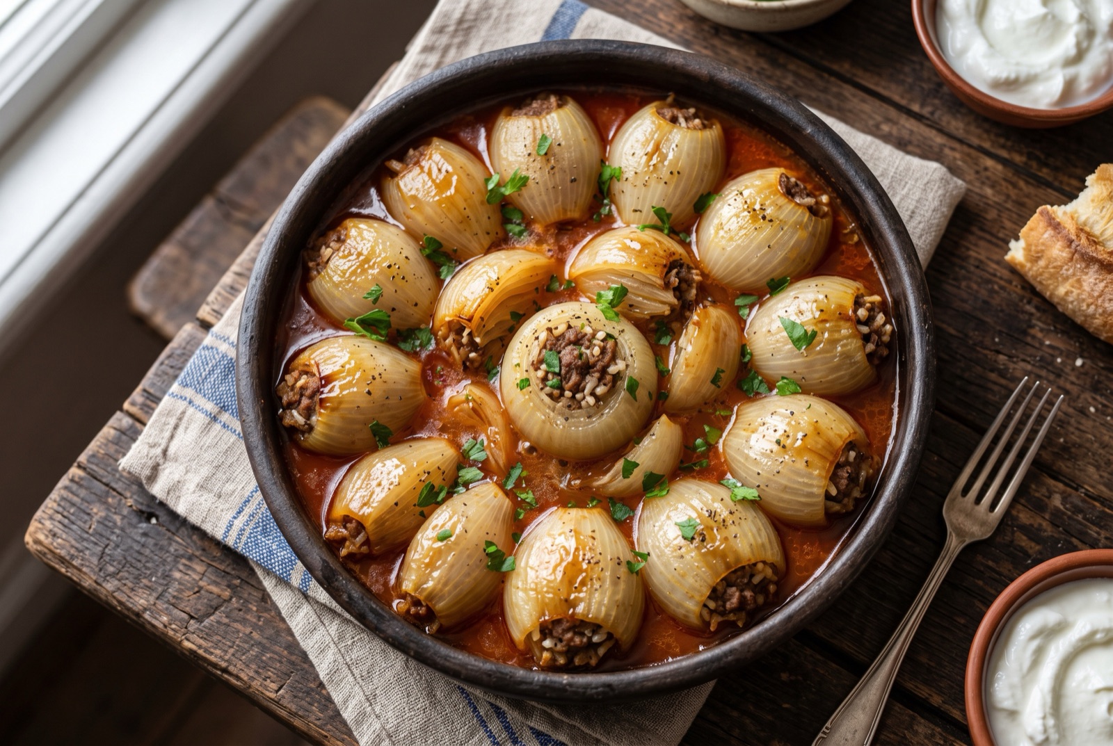 Shallow pot of stuffed onion rolls standing upright in red tomato broth, topped with a spoonful of sour cream