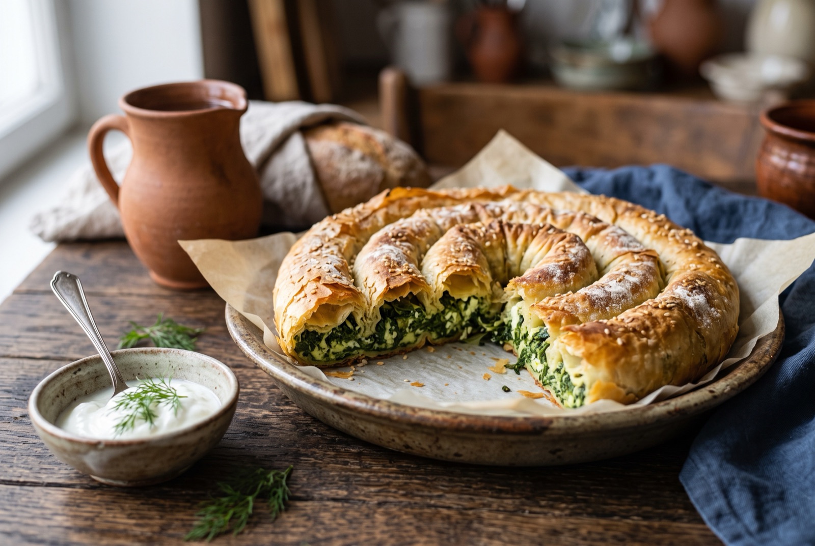 Golden coiled zeljanica pie in a round pan, sliced to show green spinach and white curd cheese filling