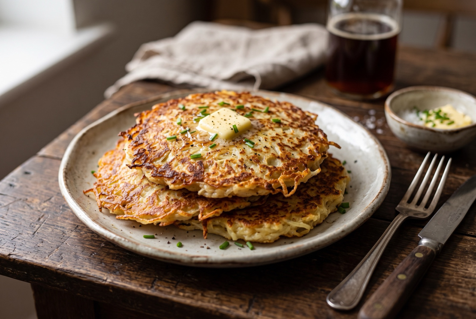 Stack of golden boxty potato pancakes with crisp lacy edges and a pat of melting butter