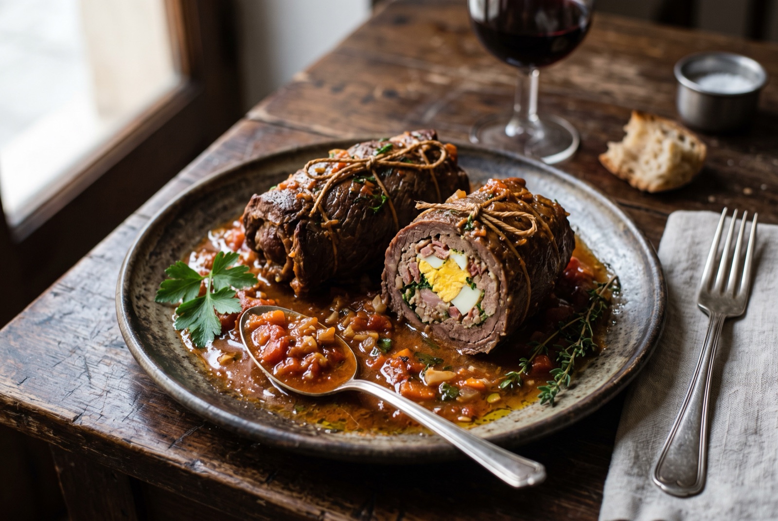 Sliced Maltese beef olives showing pork and egg filling, in a dark tomato and wine sauce