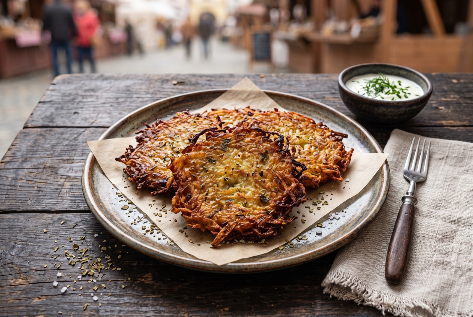 Thin crisp Czech potato fritters with dark lacy edges stacked on a wire rack, flecked with marjoram