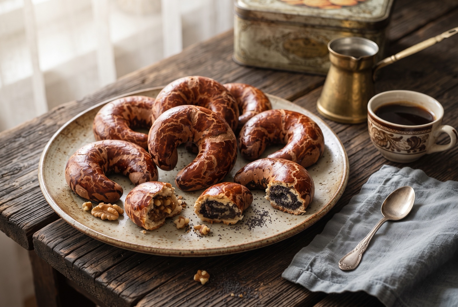 Horseshoe-shaped Slovak walnut pastries with a deep brown marbled crackled glaze on a cooling rack