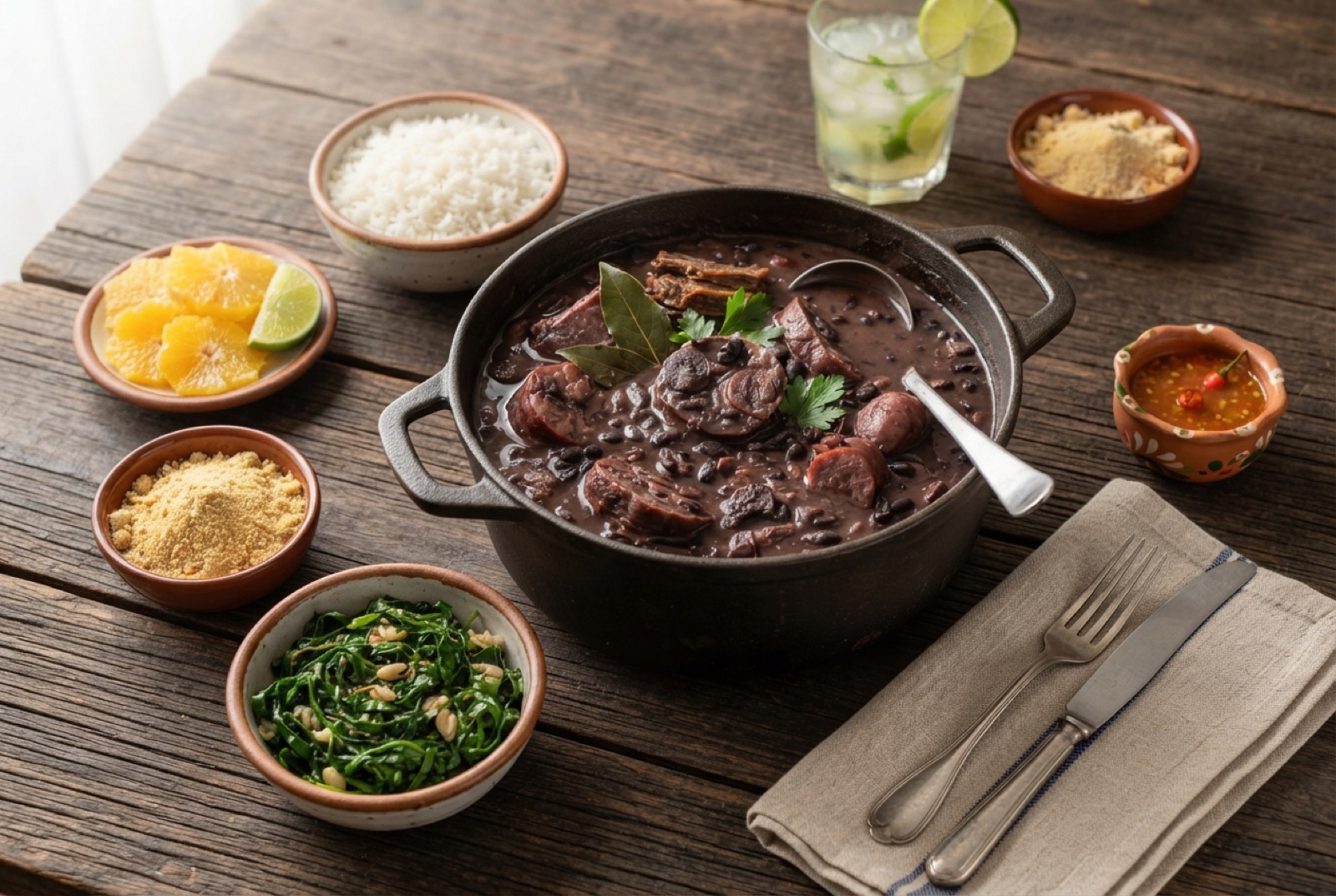 Dark black bean feijoada with chunks of pork, served beside white rice, shredded collard greens and orange slices