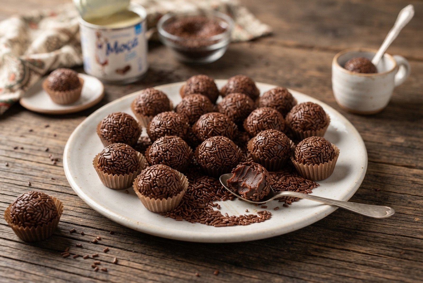 Brigadeiro chocolate truffles coated in sprinkles, arranged in mini paper cups on a party tray