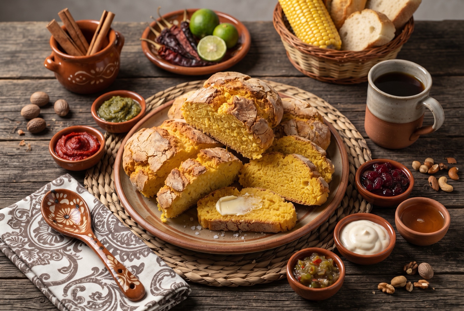Round domed corn loaf with a thick cracked flour-dusted crust, one wedge cut to show dense yellow crumb