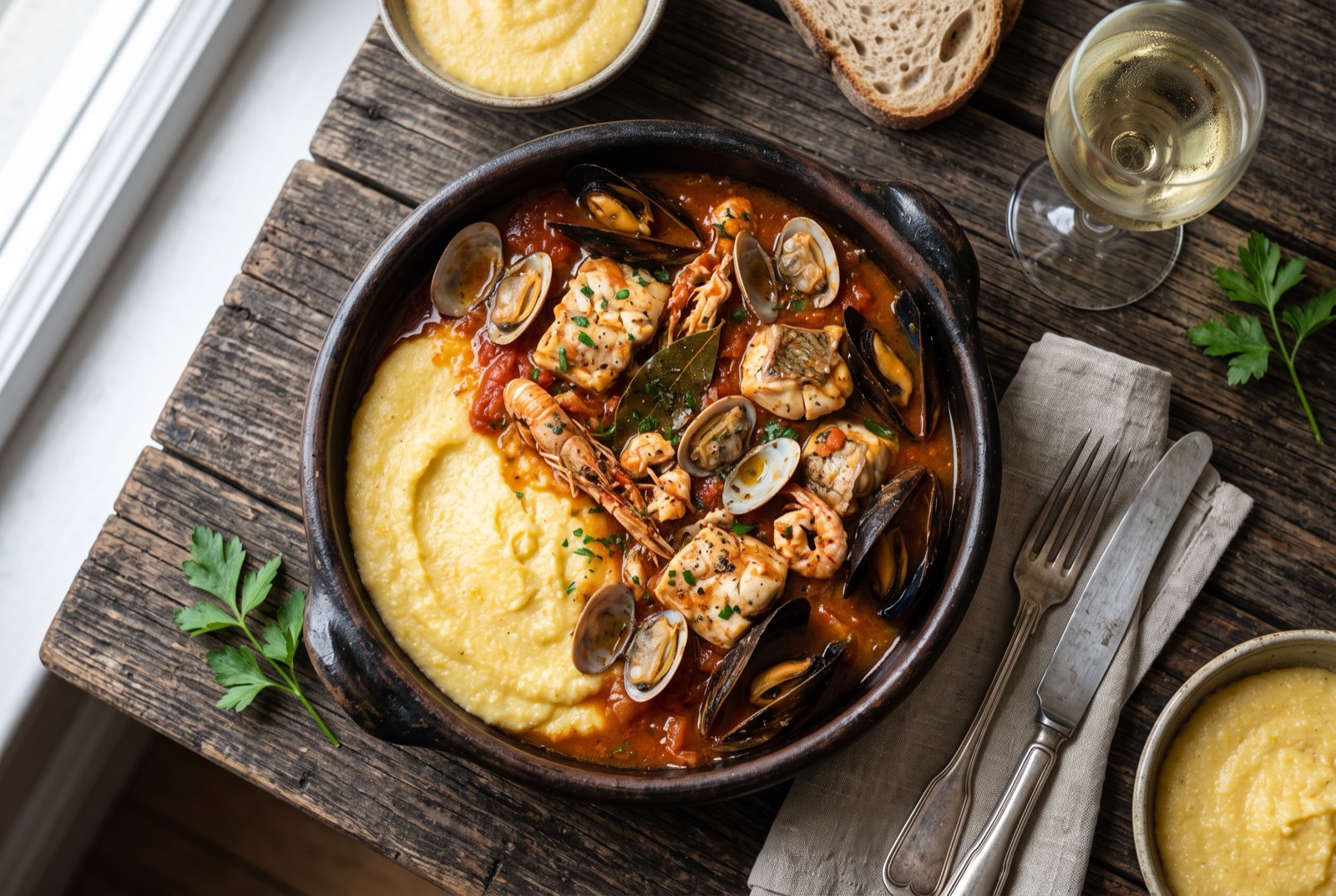 Wide pan of Adriatic brudet with fish steaks, squid rings and open mussels in red sauce beside soft polenta
