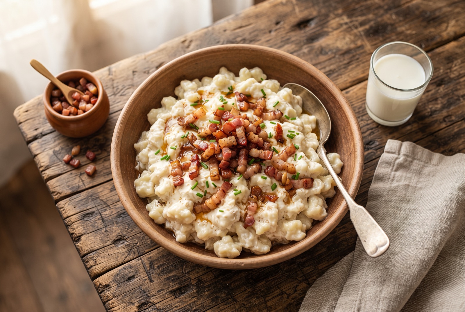 Bowl of Slovak bryndzové halušky — soft potato dumplings in white sheep cheese topped with crisp smoked bacon