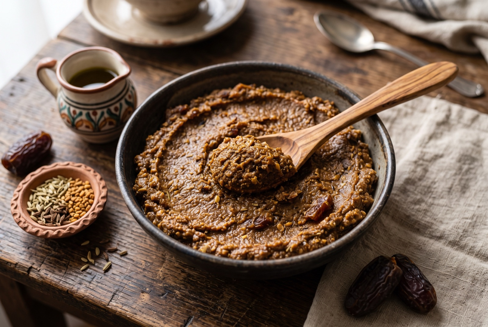 A bowl of dense toasted barley flour paste with a well of olive oil in the centre, dates and fennel seeds alongside