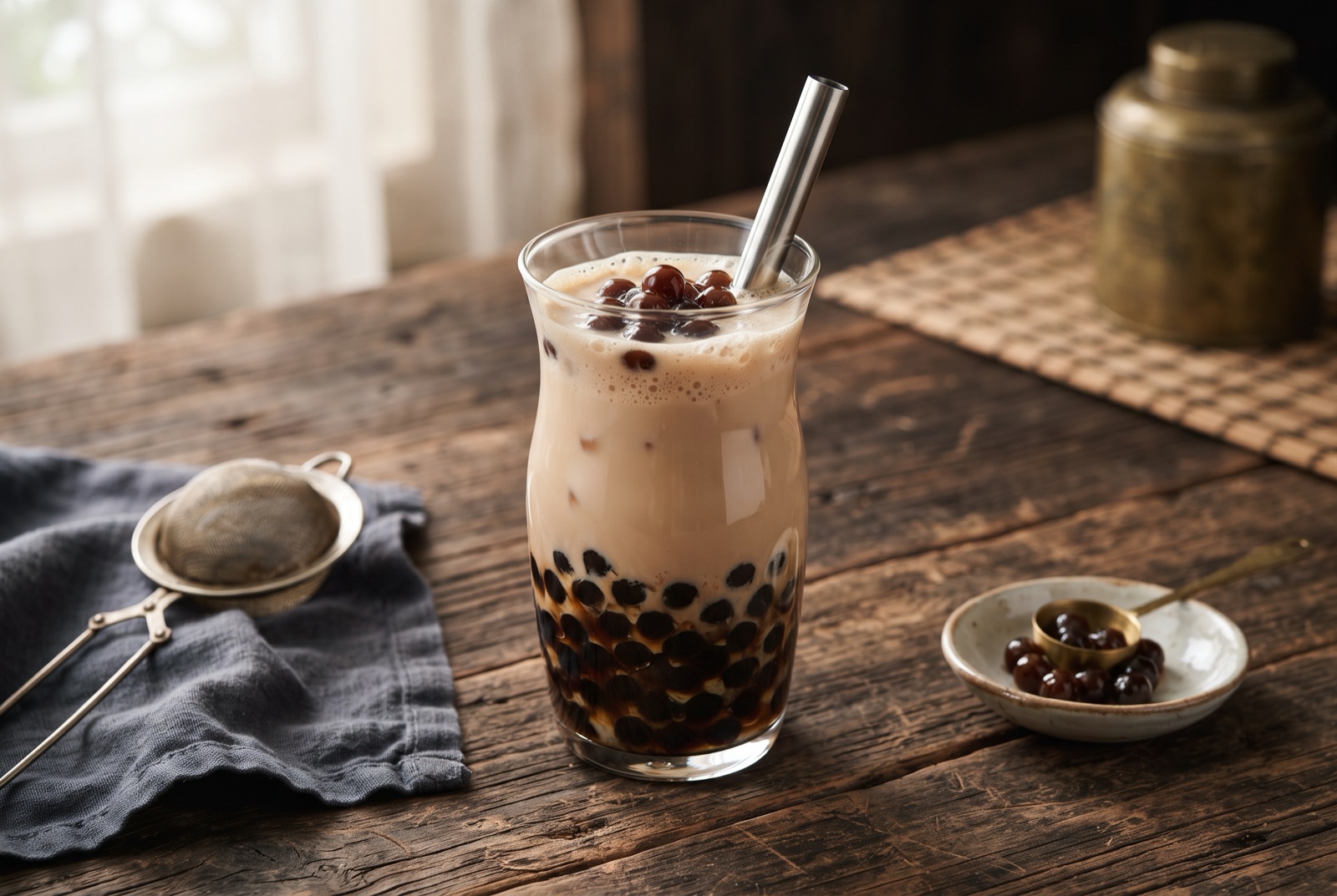 Tall glass of Taiwanese bubble milk tea with dark tapioca pearls settled at the bottom and brown sugar streaking the sides