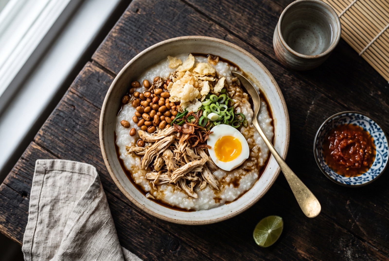 Bowl of smooth rice porridge topped with shredded chicken, yellow gravy, scallions, fried shallots and crushed crackers