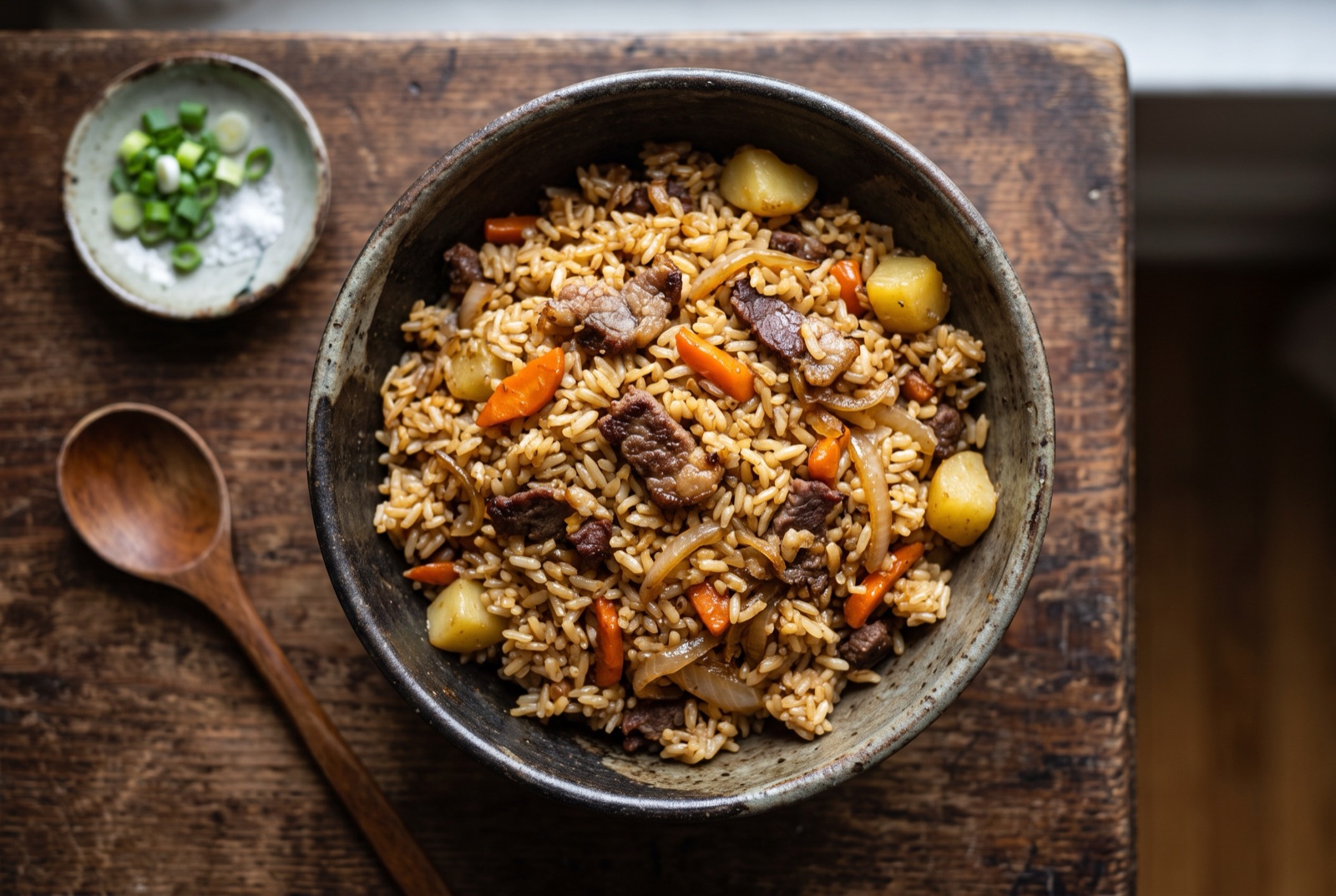 Pan of Mongolian budaatai khuurga fried rice with browned mutton strips, carrot matchsticks and potato batons