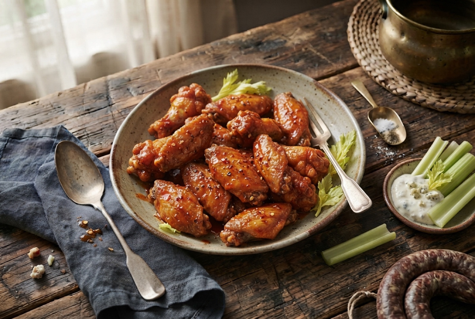 Platter of glossy orange-red Buffalo wings with celery sticks and a bowl of chunky blue cheese dip