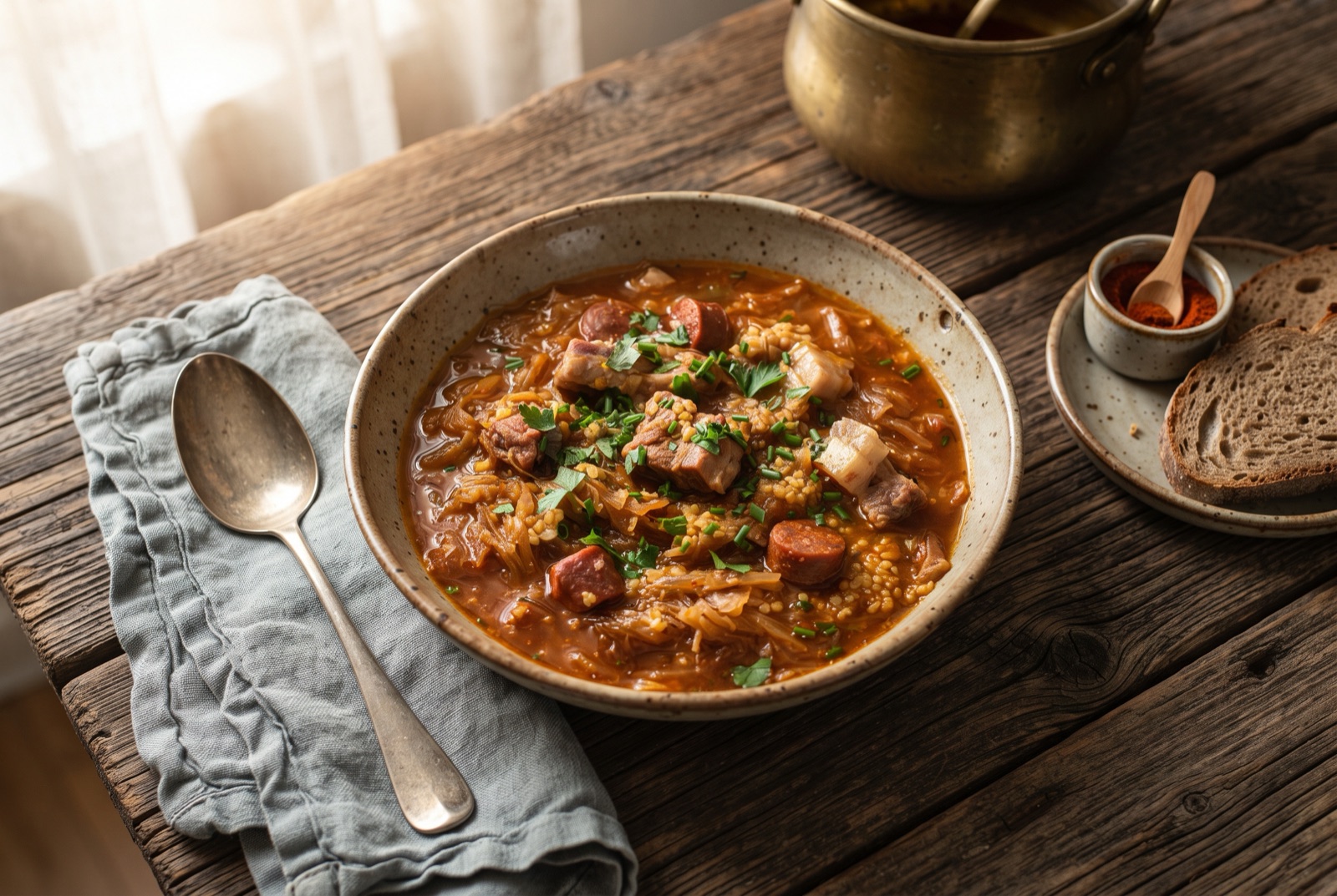 Deep bowl of bujta repa, thick sour turnip stew with chunks of pork and millet, dusted with paprika