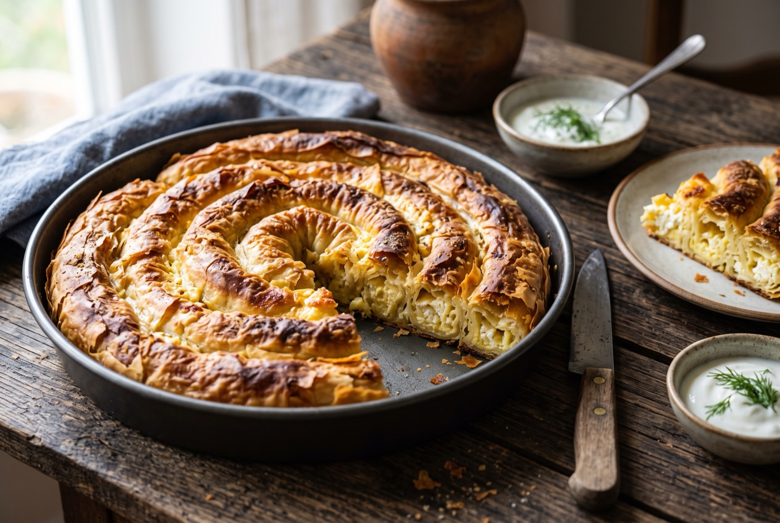 Golden coiled banitsa in a round tin, spiral of crisp filo with white cheese filling visible between the rings