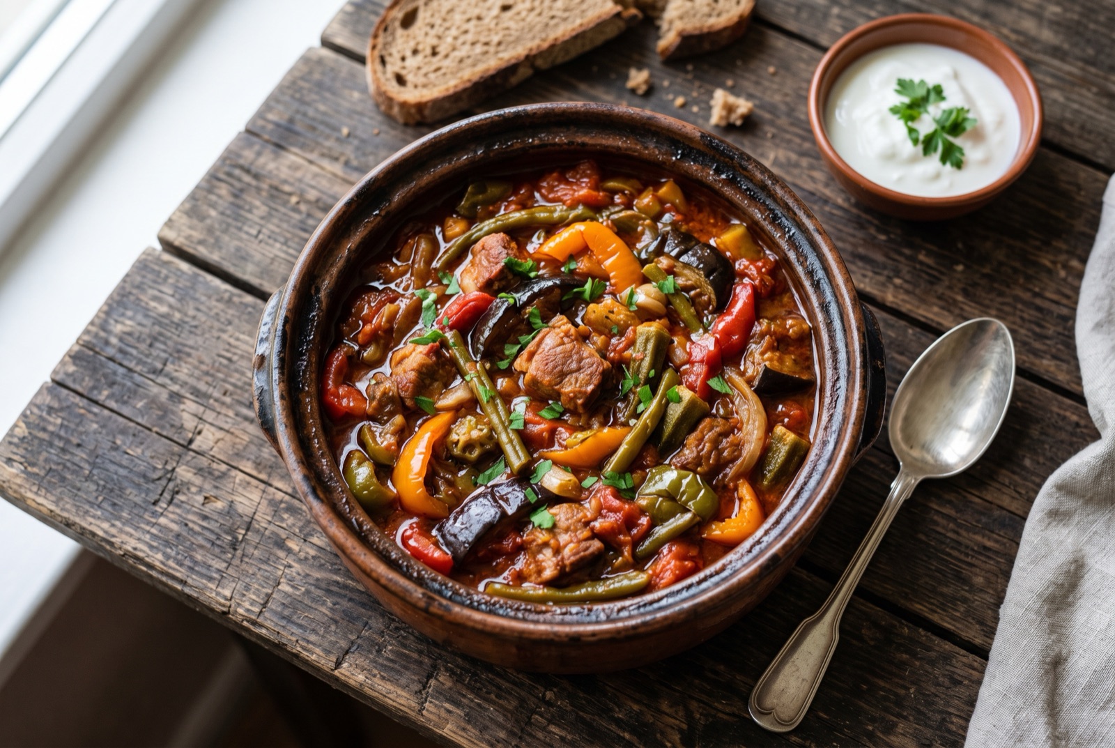 Wide clay dish of baked Bulgarian gyuvech with browned aubergine, okra, peppers and tomato slices over pork