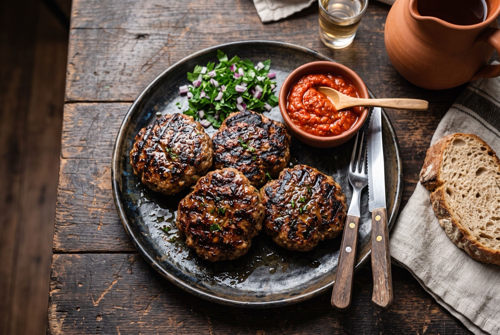 Charred flat Bulgarian kyufte patties on a grill grate with onion rings and bread beside them