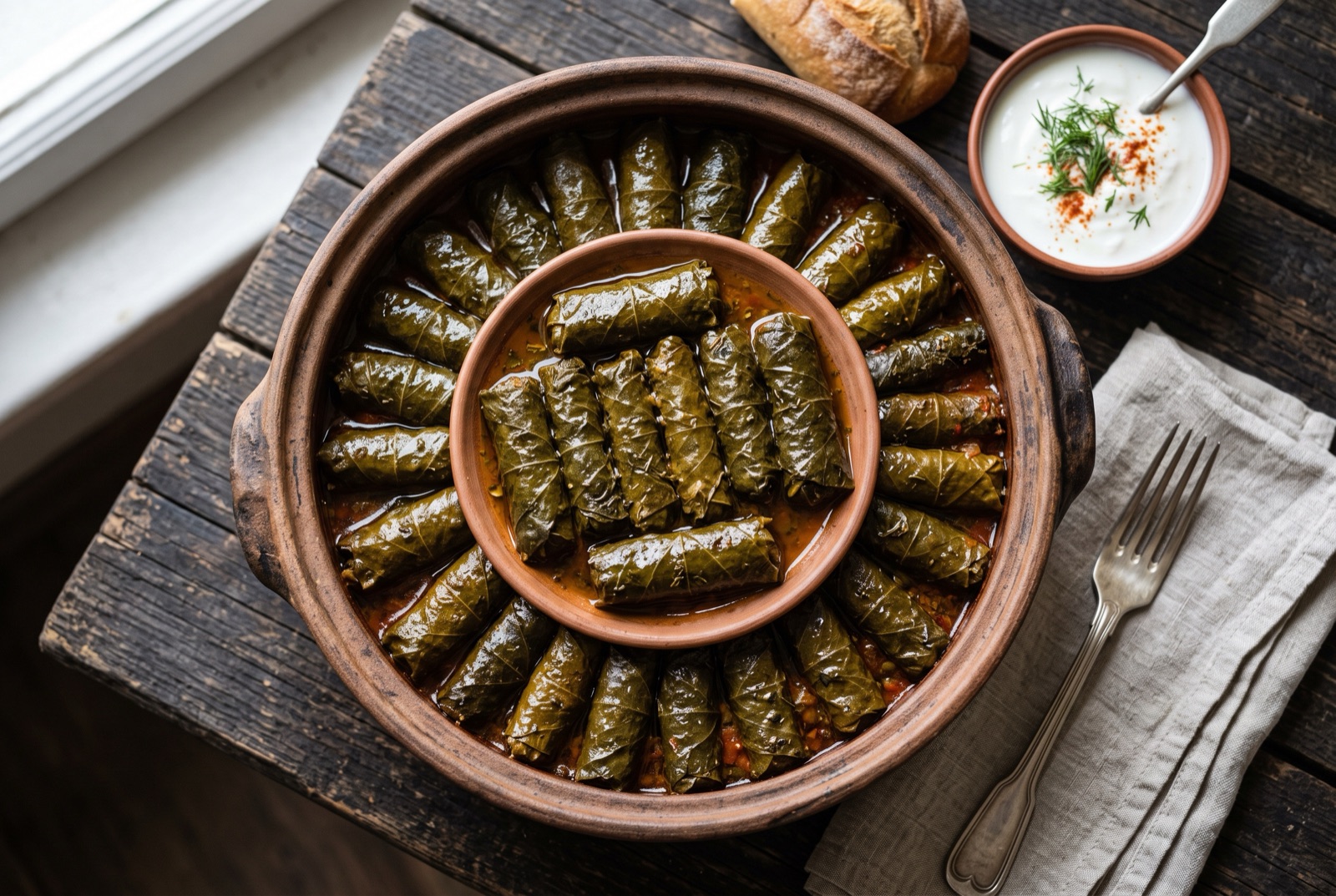 Plate of Bulgarian vine leaf rolls packed in rows, dark green and glossy, with lemon wedges and yoghurt beside them