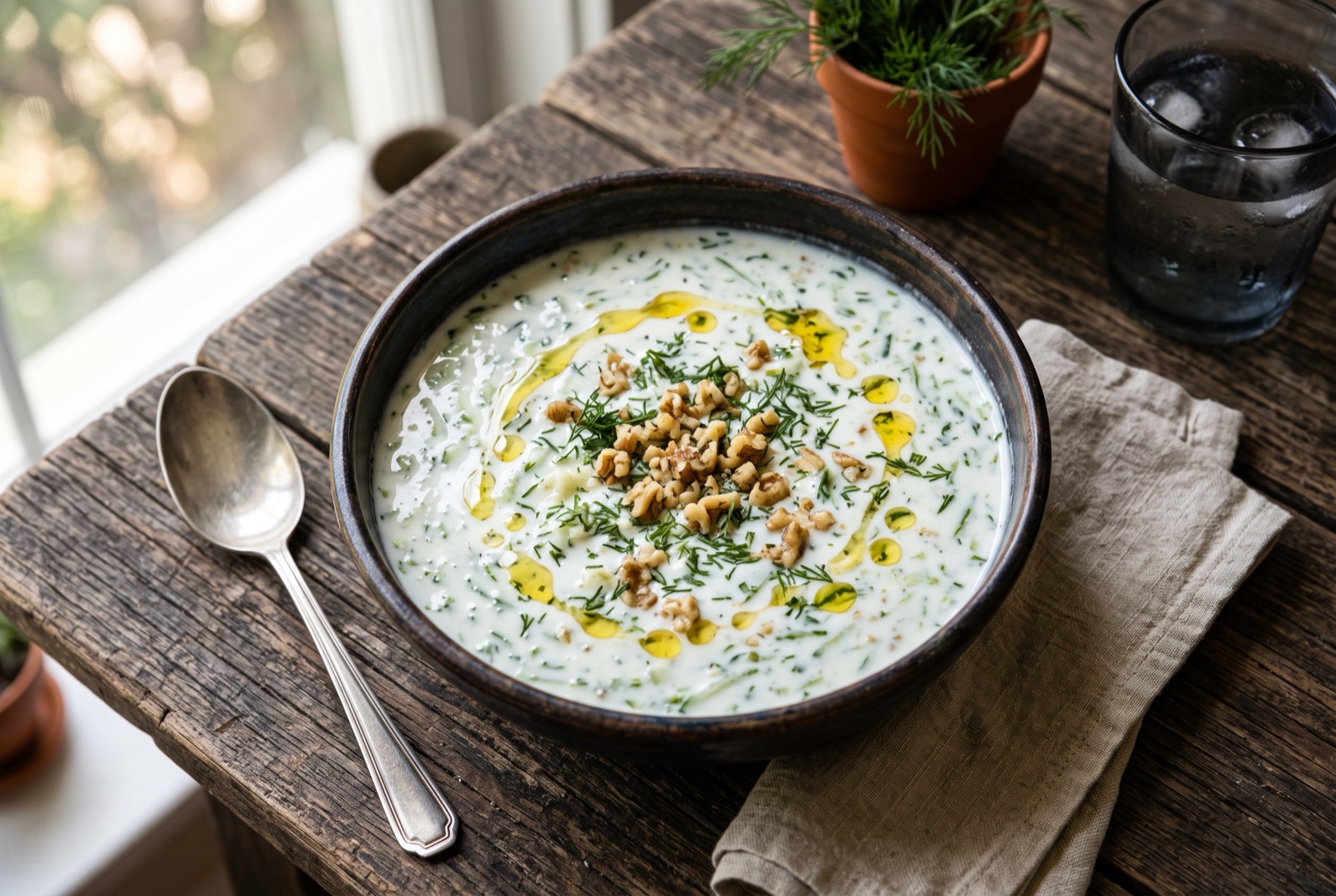 Bowl of chilled white tarator soup with grated cucumber, chopped dill, crushed walnuts and a drizzle of oil on top