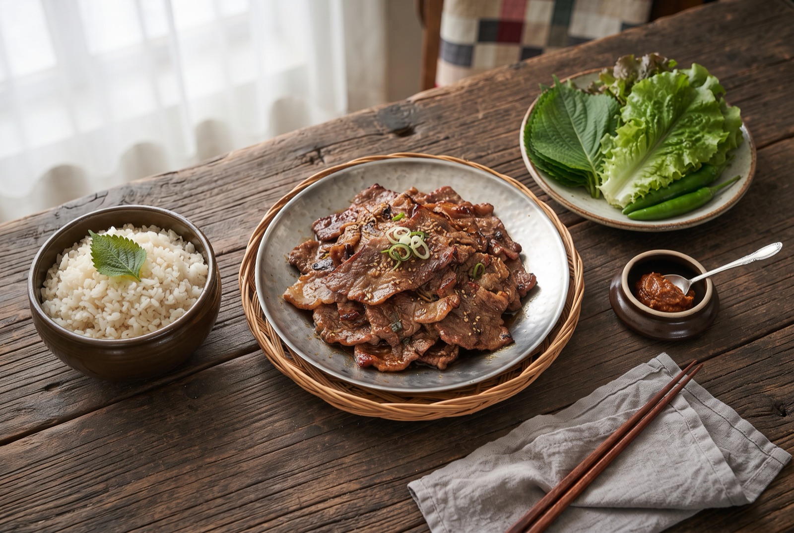 Caramelized bulgogi beef with scallions and sesame seeds served over rice