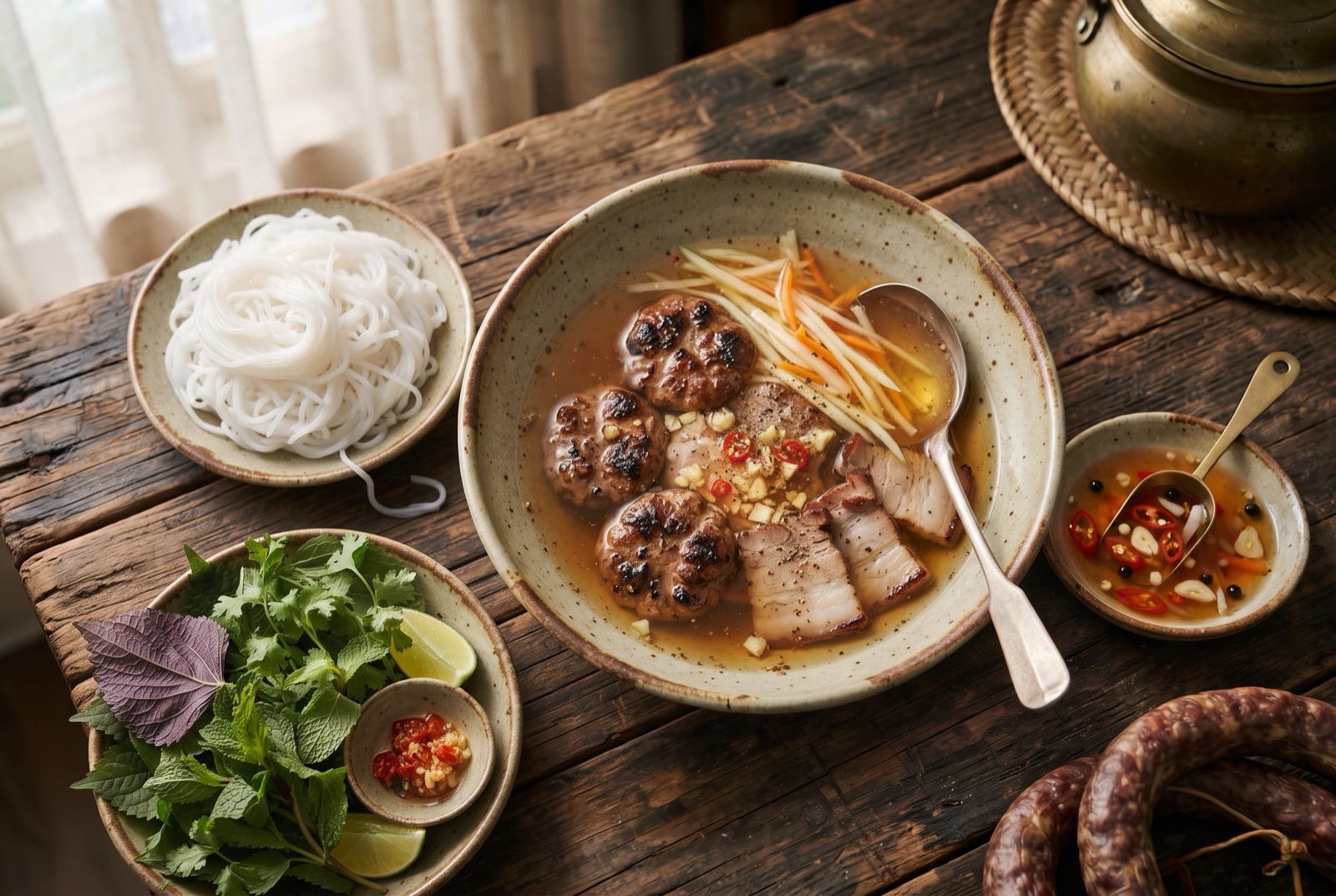 Bowl of charred pork patties and belly slices in amber dipping broth beside cold rice vermicelli and fresh herbs