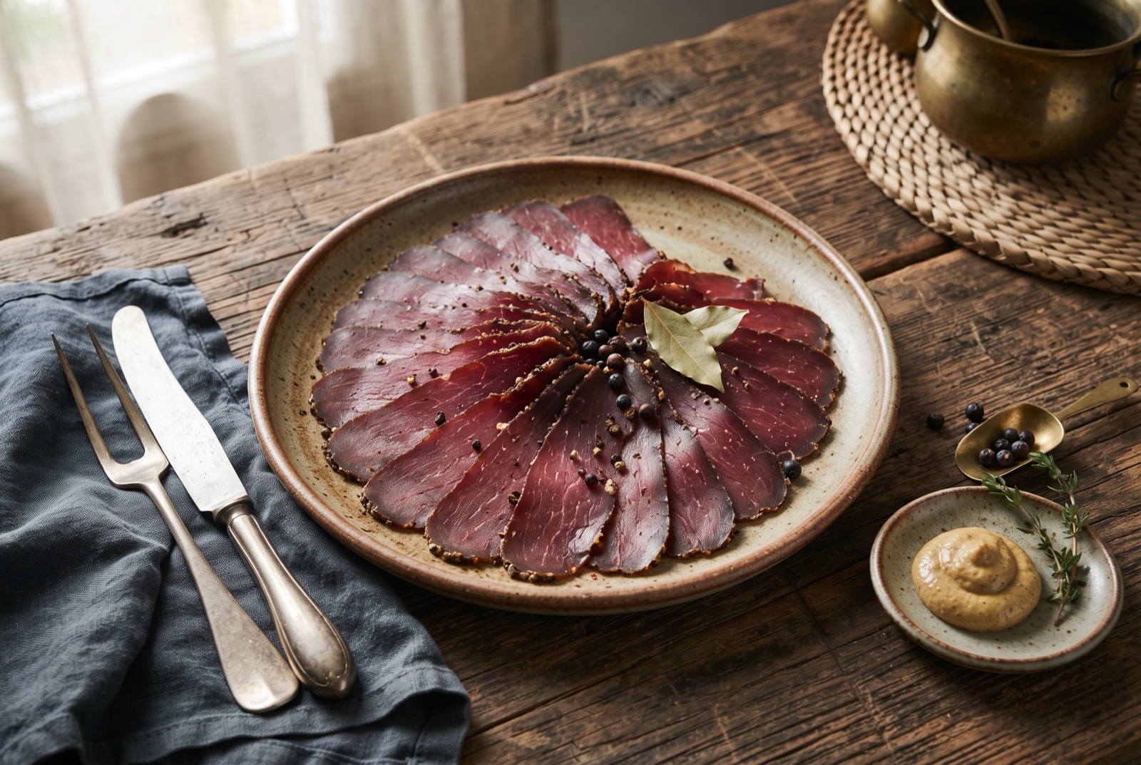 Paper-thin slices of dark red air-dried Swiss alpine beef fanned on a wooden board with rye bread