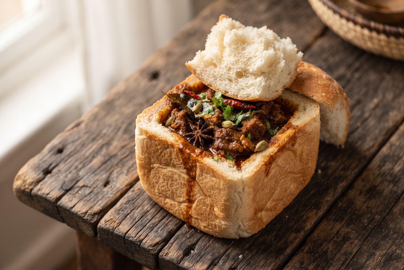 Quarter loaf of white bread hollowed and filled with dark red mutton curry, crumb lid on top and carrot sambal beside it