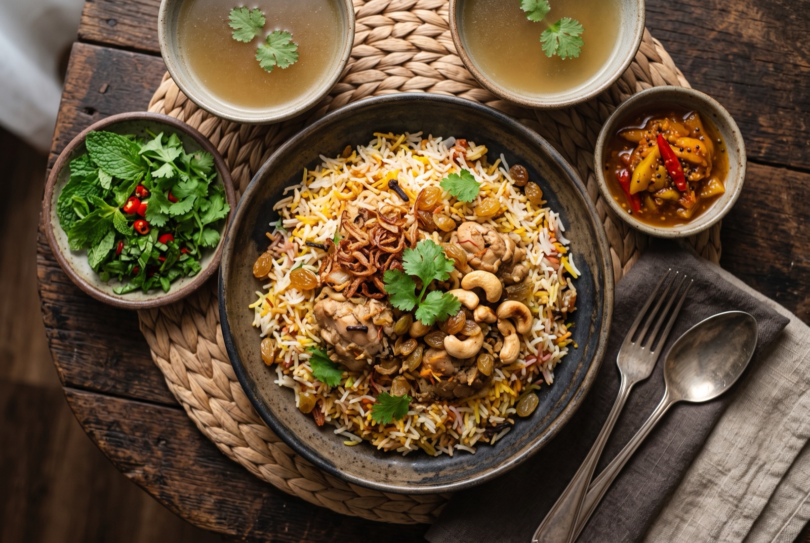 Plate of Burmese danbauk biryani with golden rice, chicken, cashews, raisins and fresh mint leaves