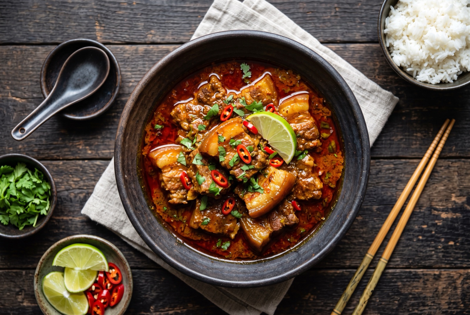 Burmese pork belly curry in a dark pot, tender cubes under a layer of red-orange oil with cilantro