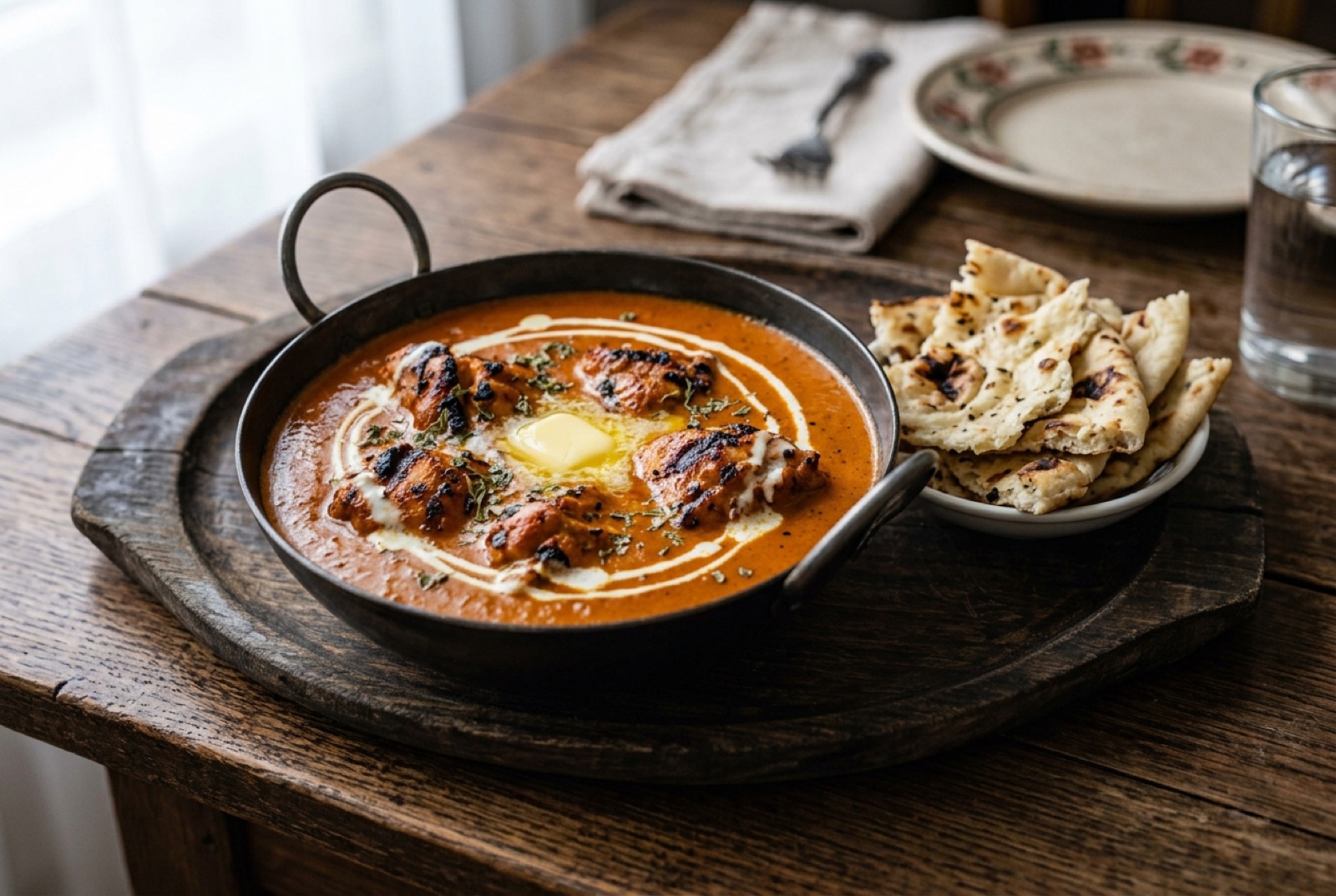 Butter chicken pieces in a glossy orange tomato-cream sauce with a swirl of cream and cilantro