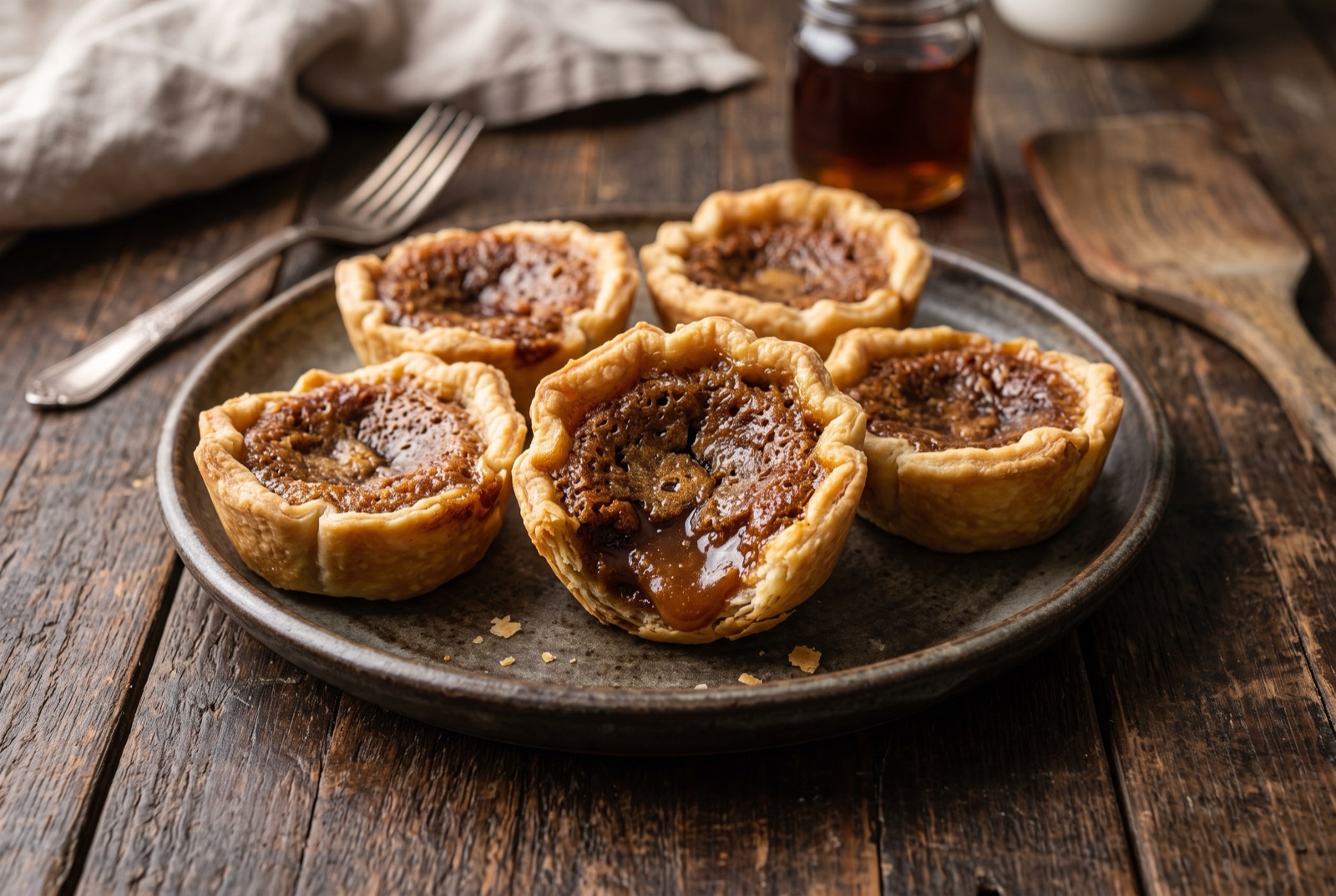 Golden butter tarts on a wire rack, one bitten open with glossy caramel filling running out