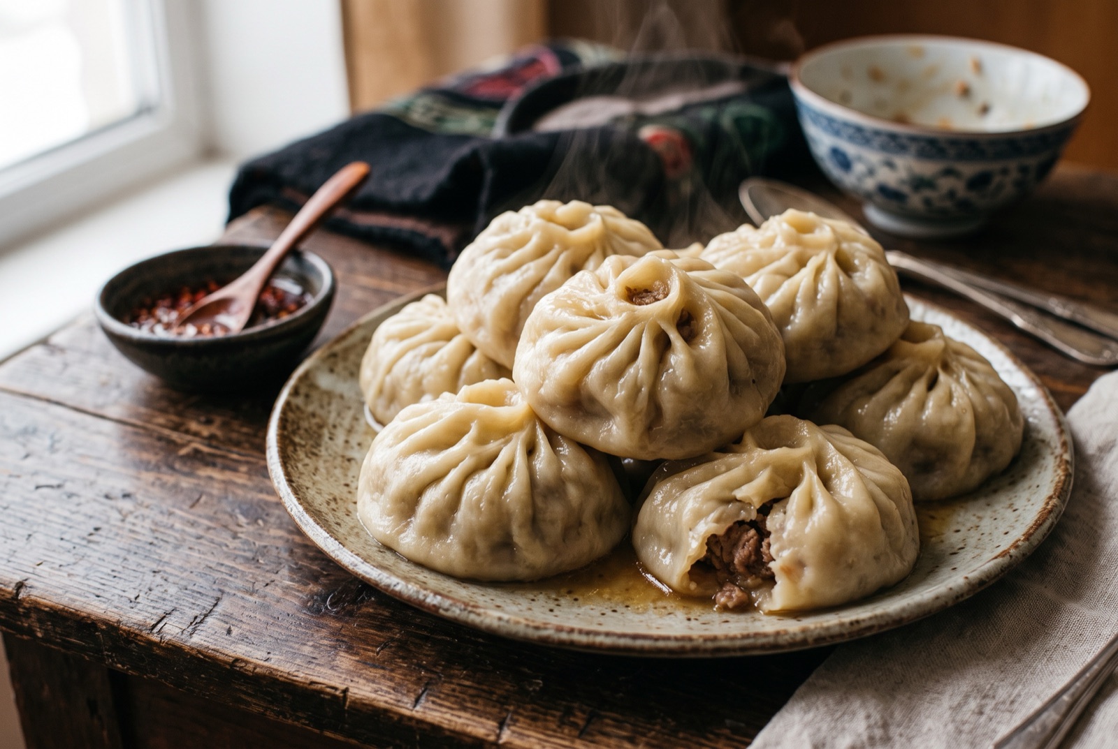 Pleated Mongolian buuz dumplings crowded on a steamer tray, wrappers glossy and taut with mutton filling