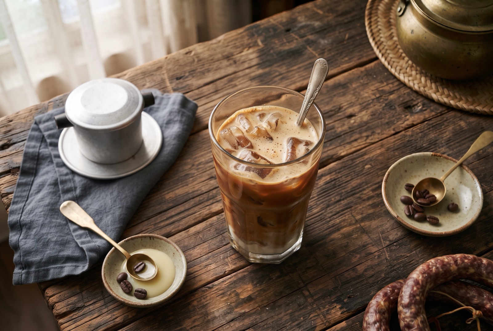 Tall glass of Vietnamese iced coffee with condensed milk swirling into dark coffee over ice, phin filter beside it