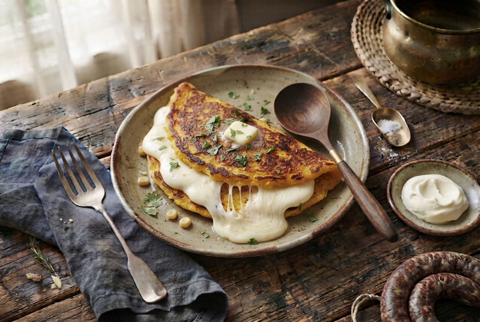 Folded golden corn pancake on a plate with white cheese stretching from the open edge