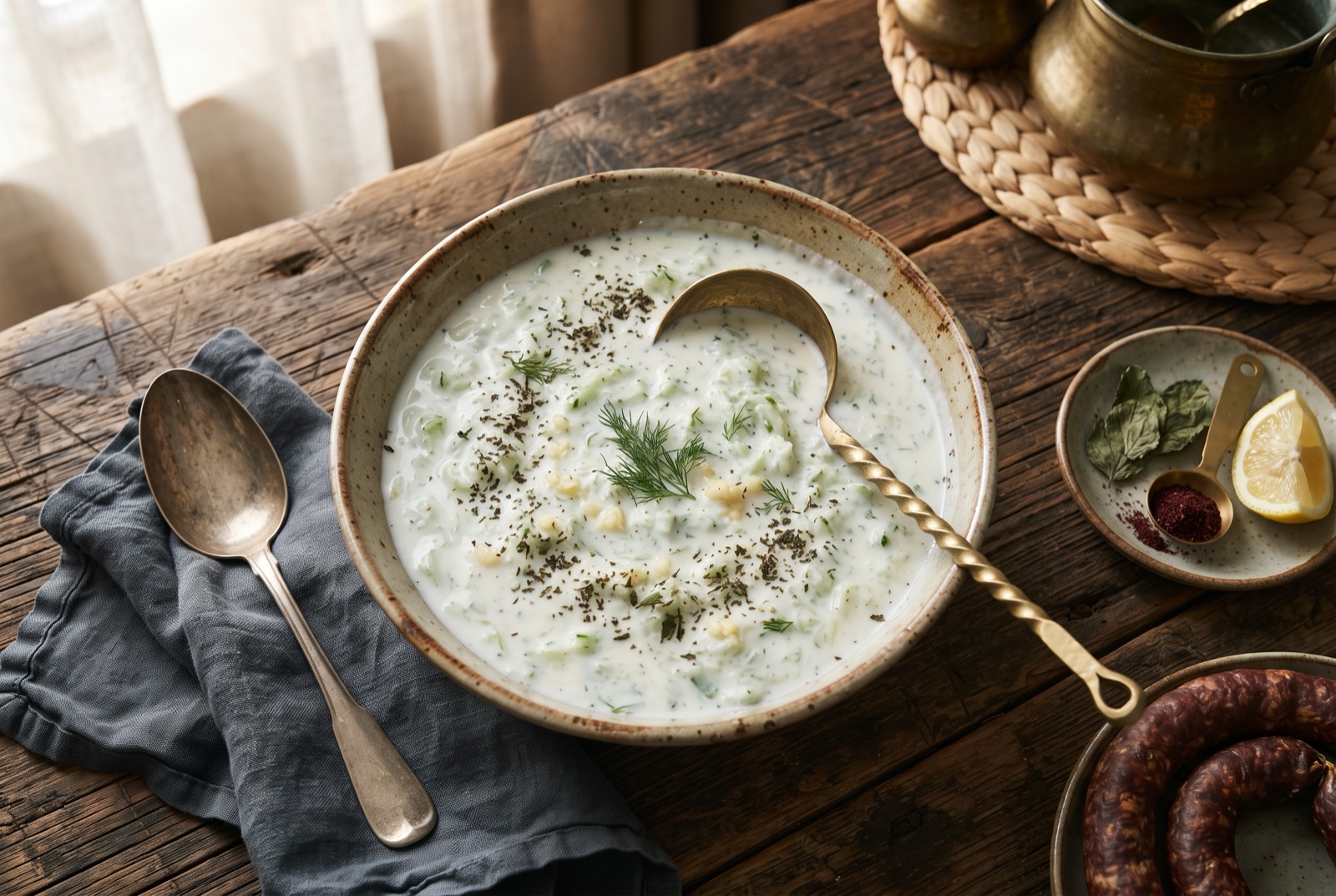 Shallow bowl of loose Turkish cacık with grated cucumber, dried mint and a drizzle of olive oil on top