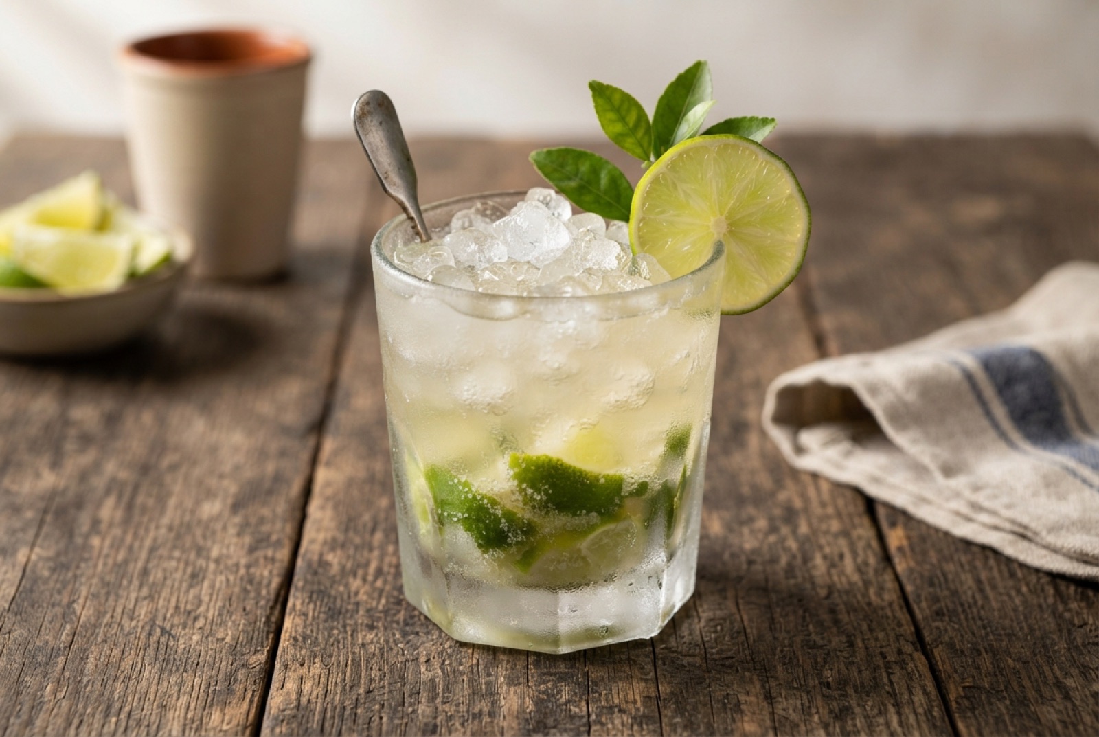 Frosted tumbler of caipirinha packed with crushed ice and muddled lime wedges