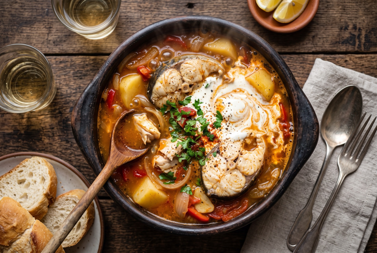 Bowl of caldillo de congrio with a thick white fish steak in coral tomato broth with potato slices and cilantro