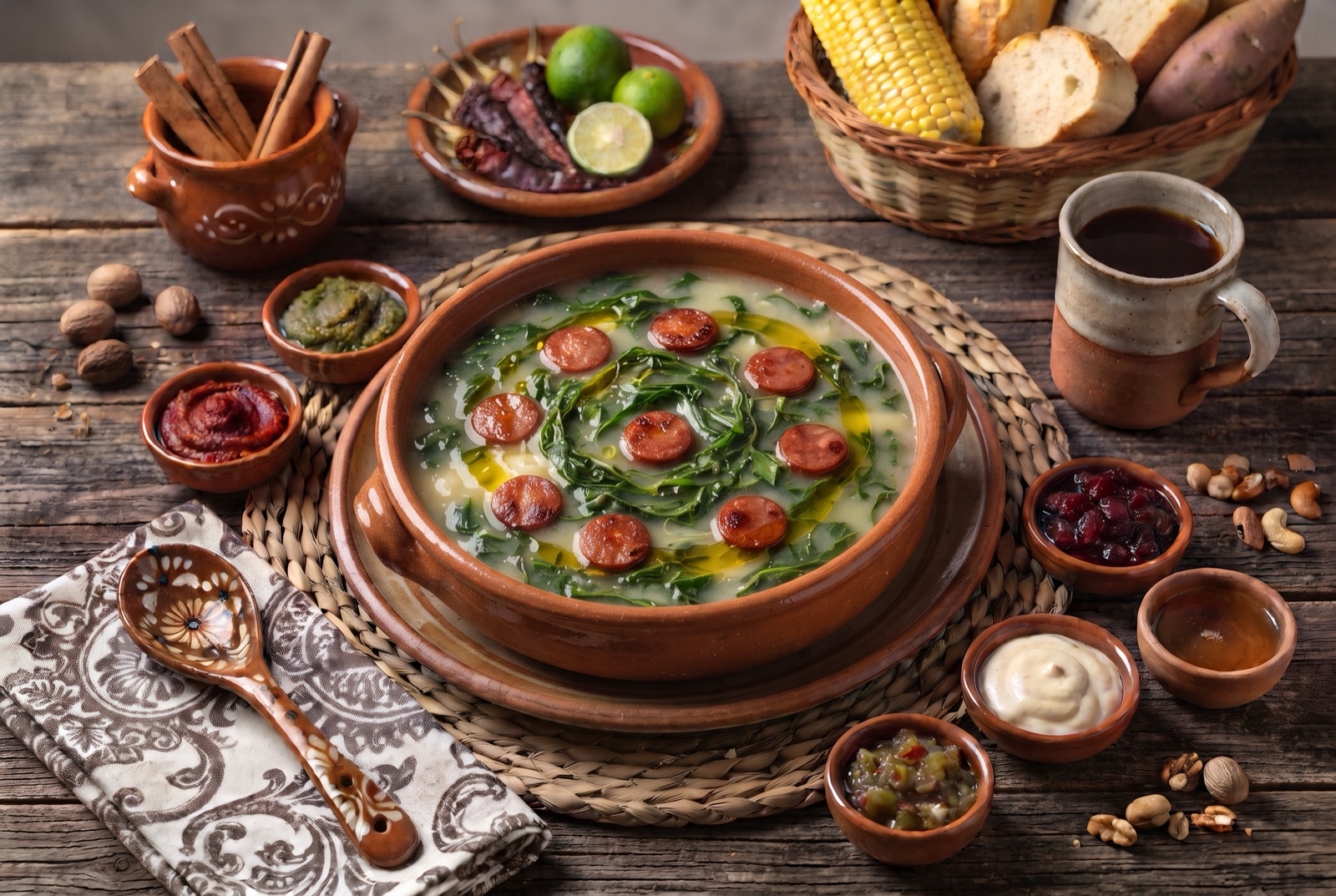 Bowl of caldo verde with thin ribbons of greens, creamy potato broth and seared chouriço coins