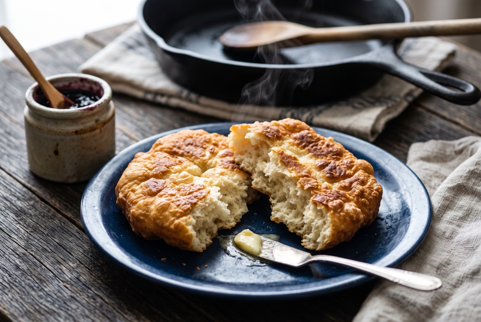 Golden pan-fried bannock rounds in a cast-iron skillet, one torn open showing the soft steaming interior