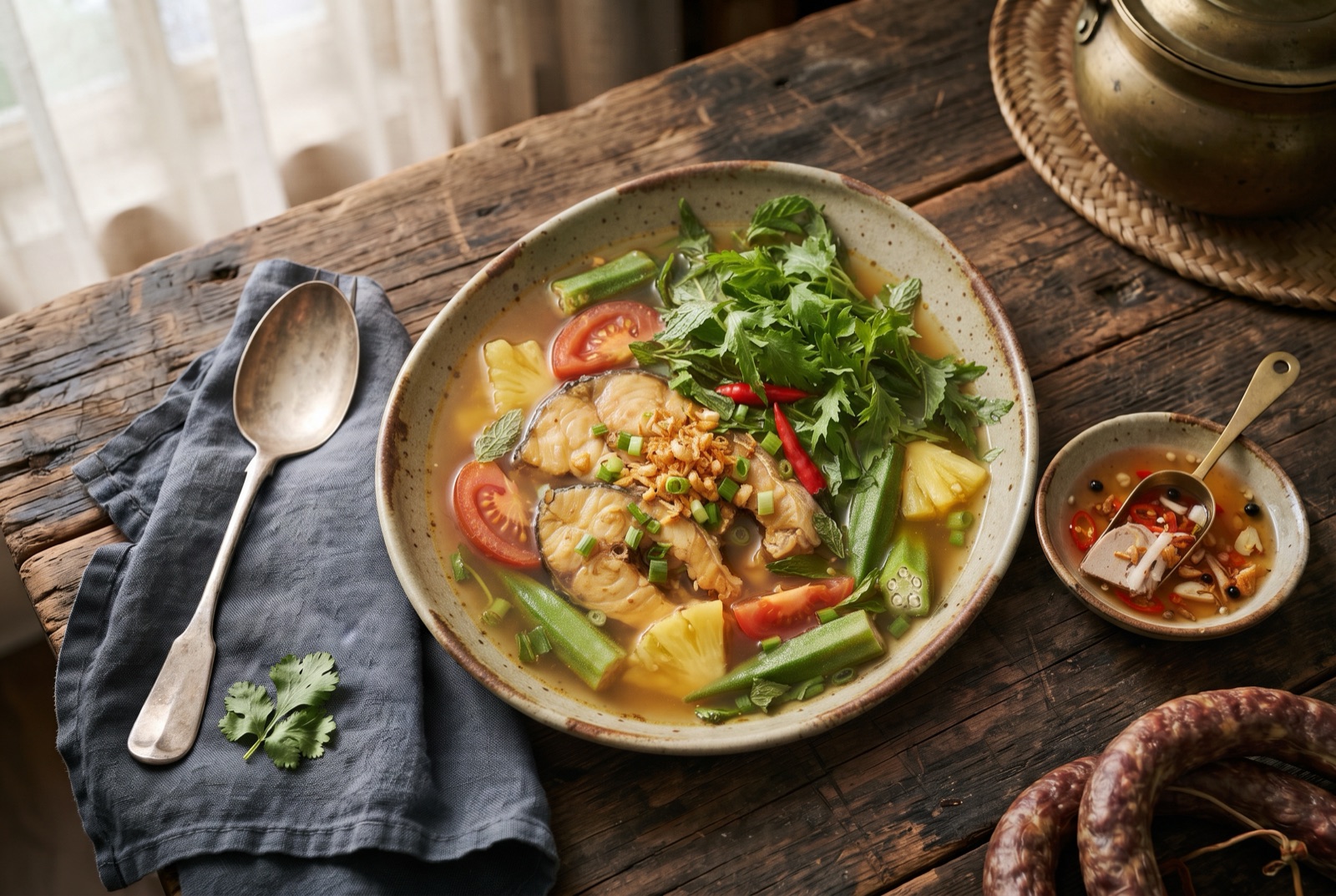 Bowl of clear sour Vietnamese soup with catfish, pineapple wedges, tomato, okra and green herbs on top