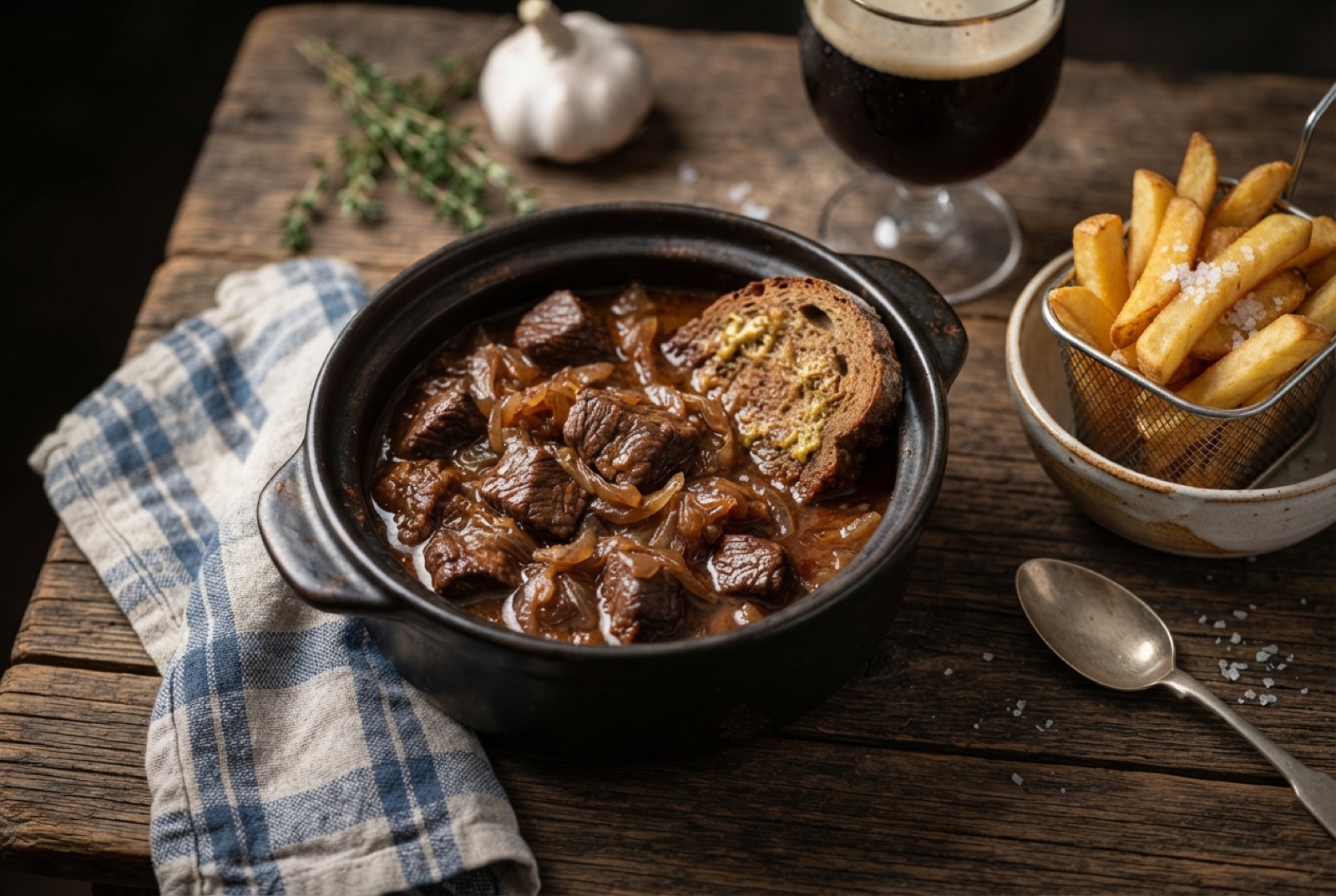 Dark Flemish beef stew in a cast-iron pot with glossy beer sauce, onions and a side of fries
